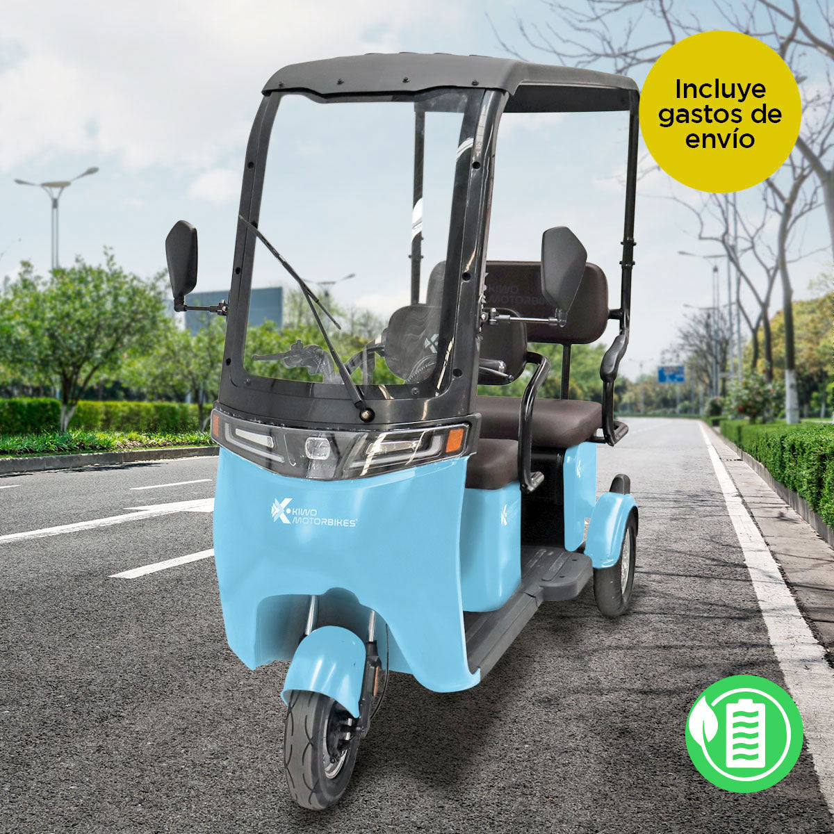 Kiwo, Triciclo Eléctrico con Techo, Modelo BTY002, Color Azul Cielo